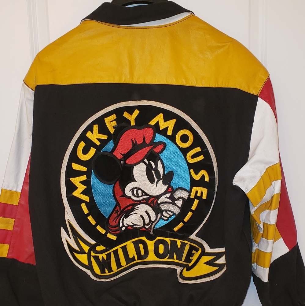 Mickey Mouse Black & Red Varsity Bomber Jacket with Yellow Accents